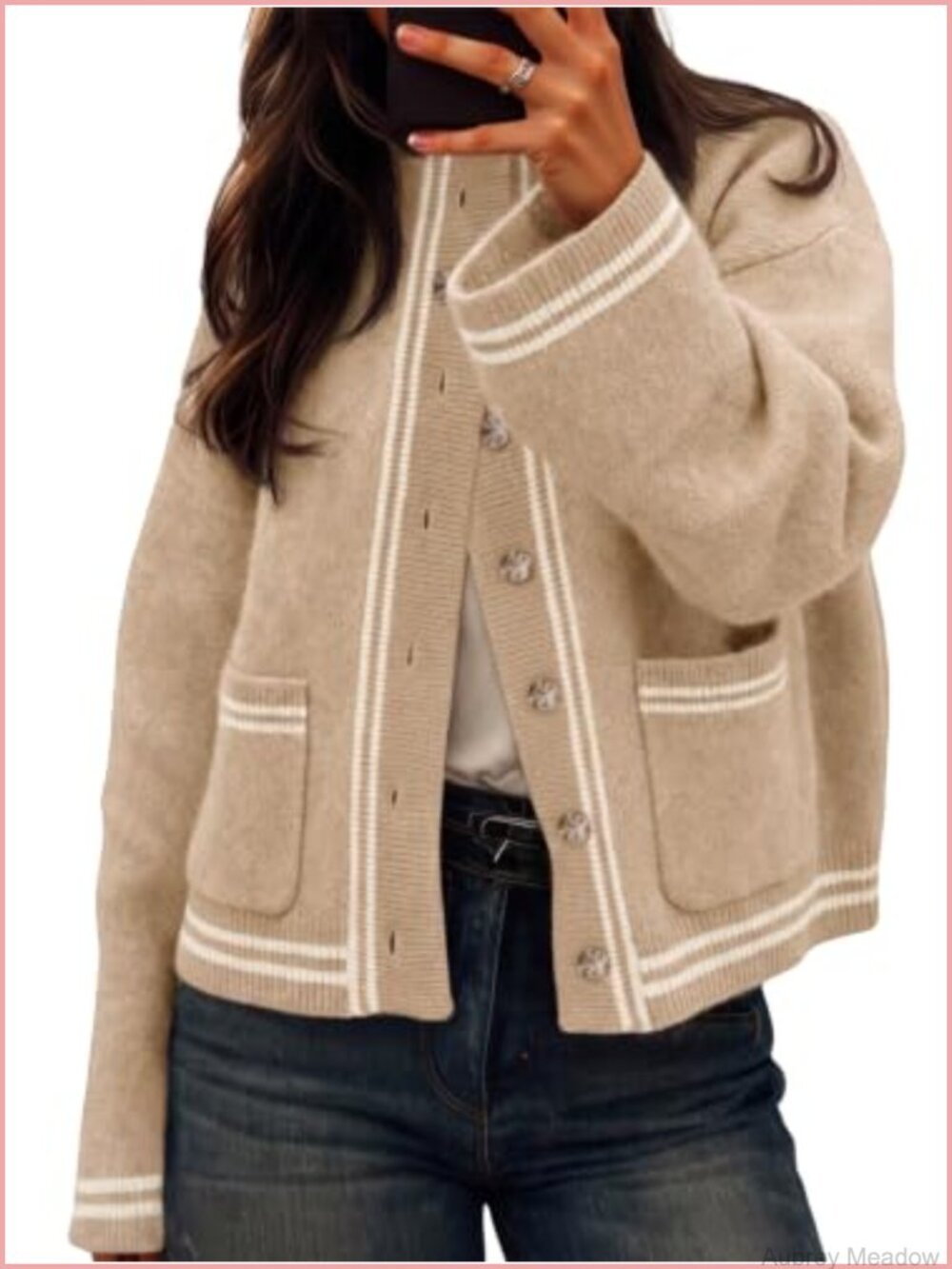 Womens Chunky Knit Cardigan Striped Trim Mock Neck Button Sweater